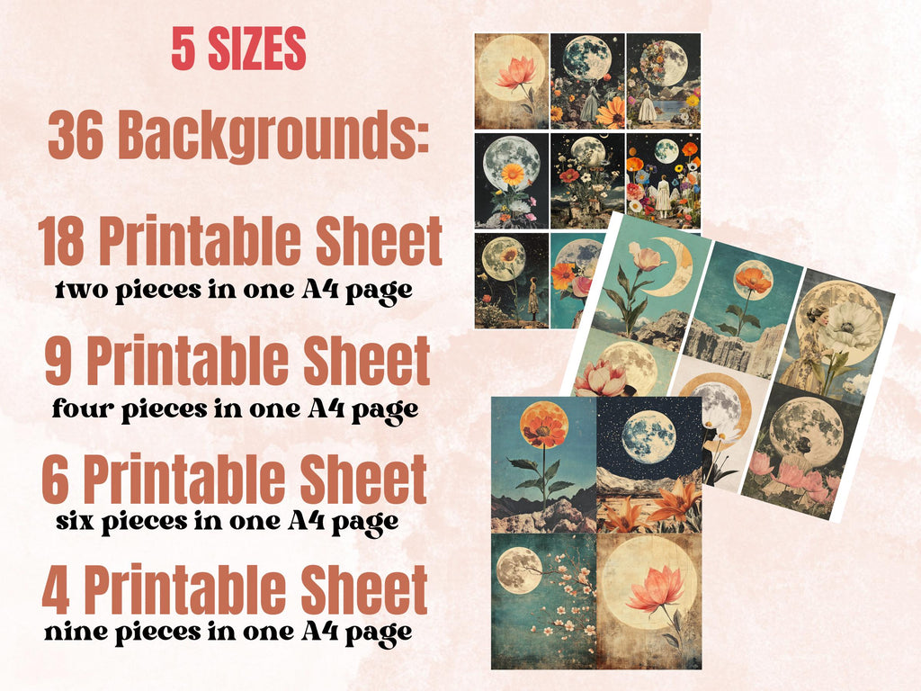Whimsy Lunar Bloom Collage Paper, Surreal Art Mixed Media Sheet, Whimsical Ephemera Images, Quirky Junk Journal, Floral Moon Scrapbook Paper