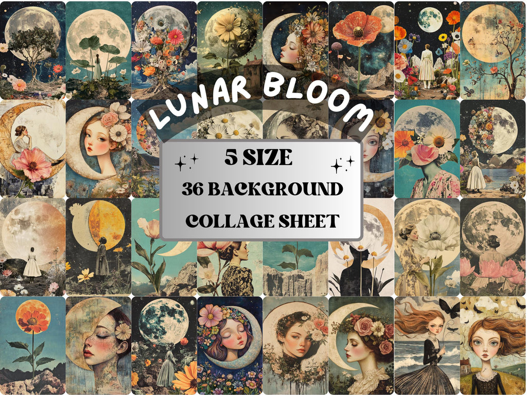 Whimsy Lunar Bloom Collage Paper, Surreal Art Mixed Media Sheet, Whimsical Ephemera Images, Quirky Junk Journal, Floral Moon Scrapbook Paper