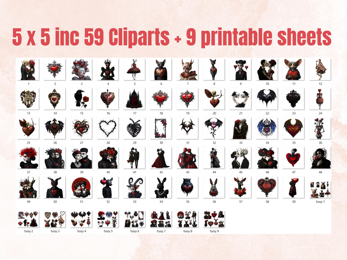 Gothic Valentines Day Collage Elements Kit, Whimsical Love Fussy Cut, Quirky Whimsy People Clipart, Romantic Journal, Clipart Background Set
