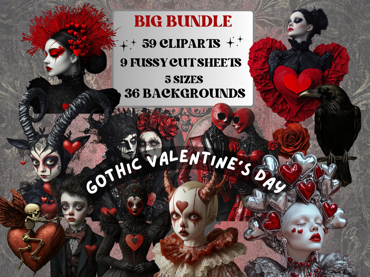 Gothic Valentines Day Collage Elements Kit, Whimsical Love Fussy Cut, Quirky Whimsy People Clipart, Romantic Journal, Clipart Background Set
