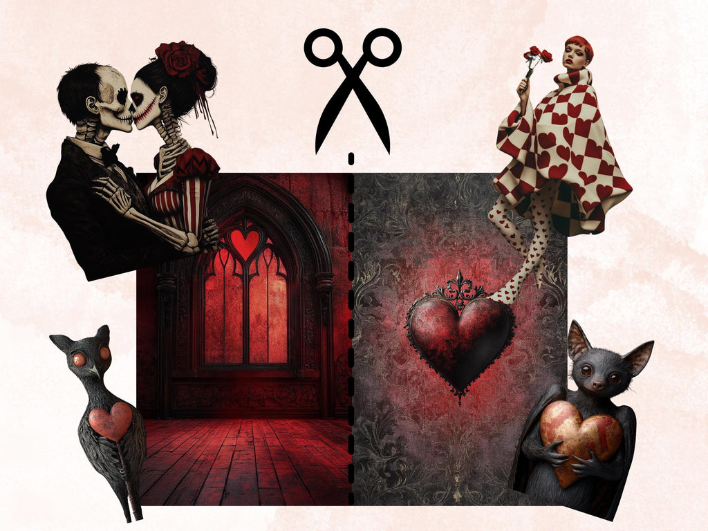 Gothic Valentines Day Collage Elements Kit, Whimsical Love Fussy Cut, Quirky Whimsy People Clipart, Romantic Journal, Clipart Background Set