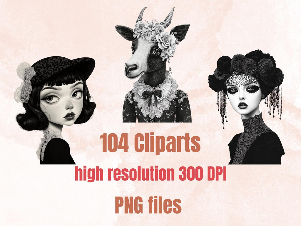 Whimsy Black White Collage Elements, Whimsical Surreal Black White Fussy Cut, Quirky Weird Clipart, Woodland Journal, Clipart Background Set