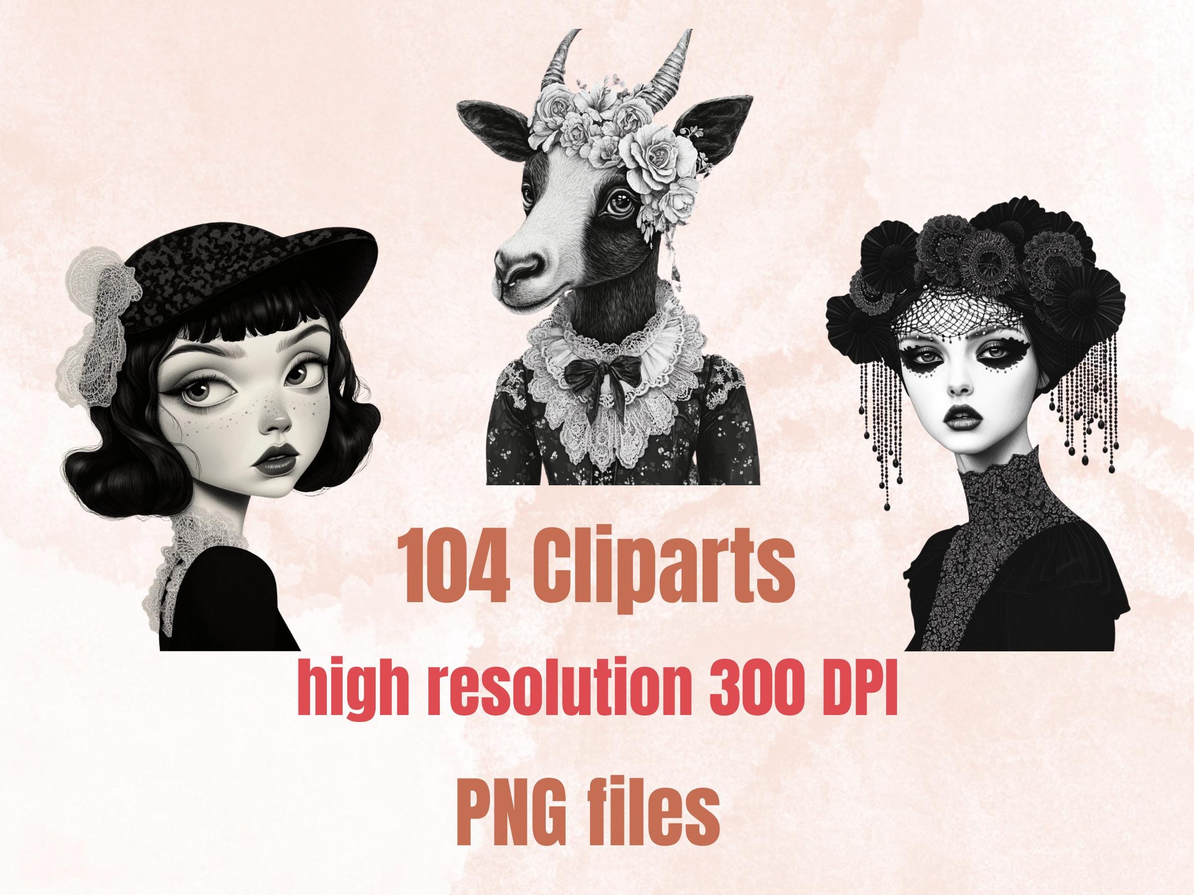 Whimsy Black White Collage Elements, Whimsical Surreal Black White Fussy Cut, Quirky Weird Clipart, Woodland Journal, Clipart Background Set