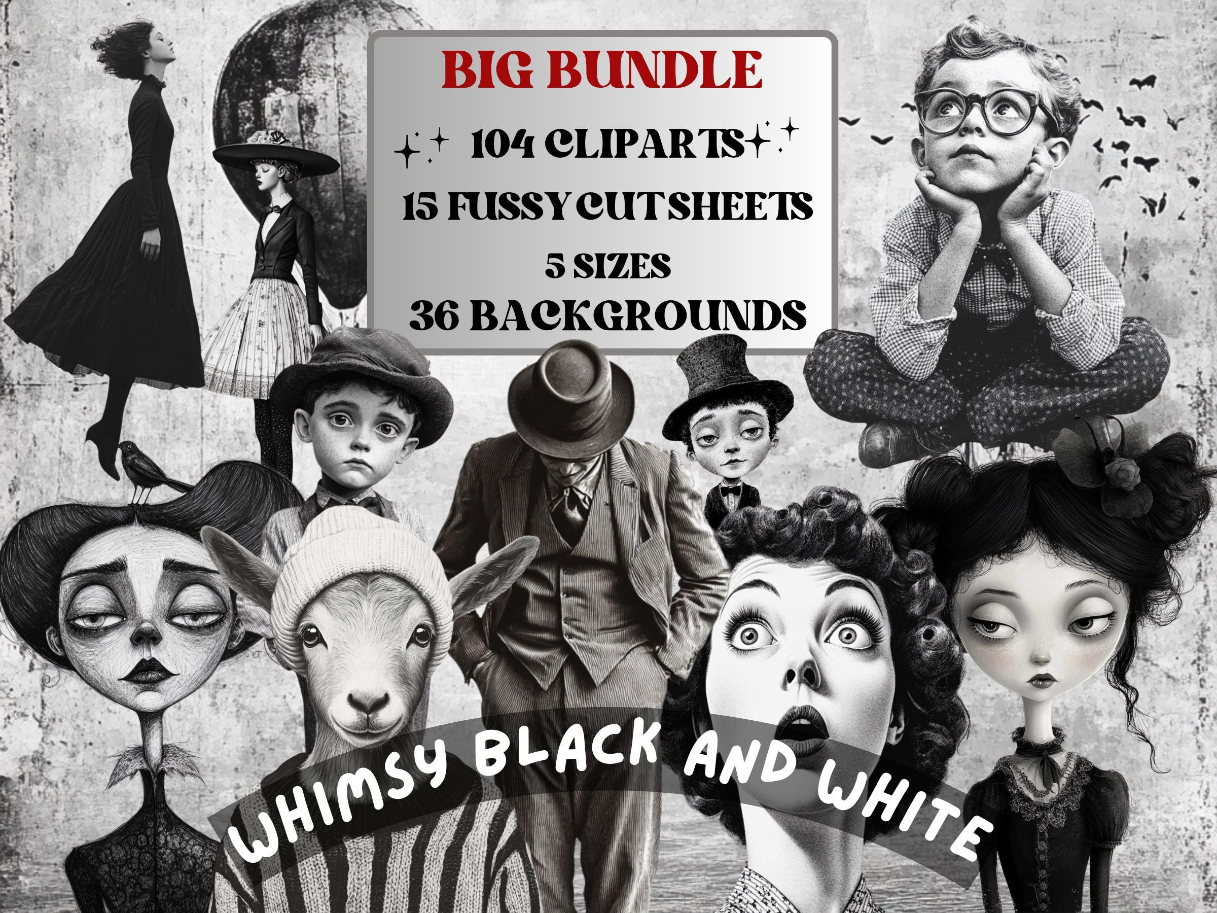 Whimsy Black White Collage Elements, Whimsical Surreal Black White Fussy Cut, Quirky Weird Clipart, Woodland Journal, Clipart Background Set