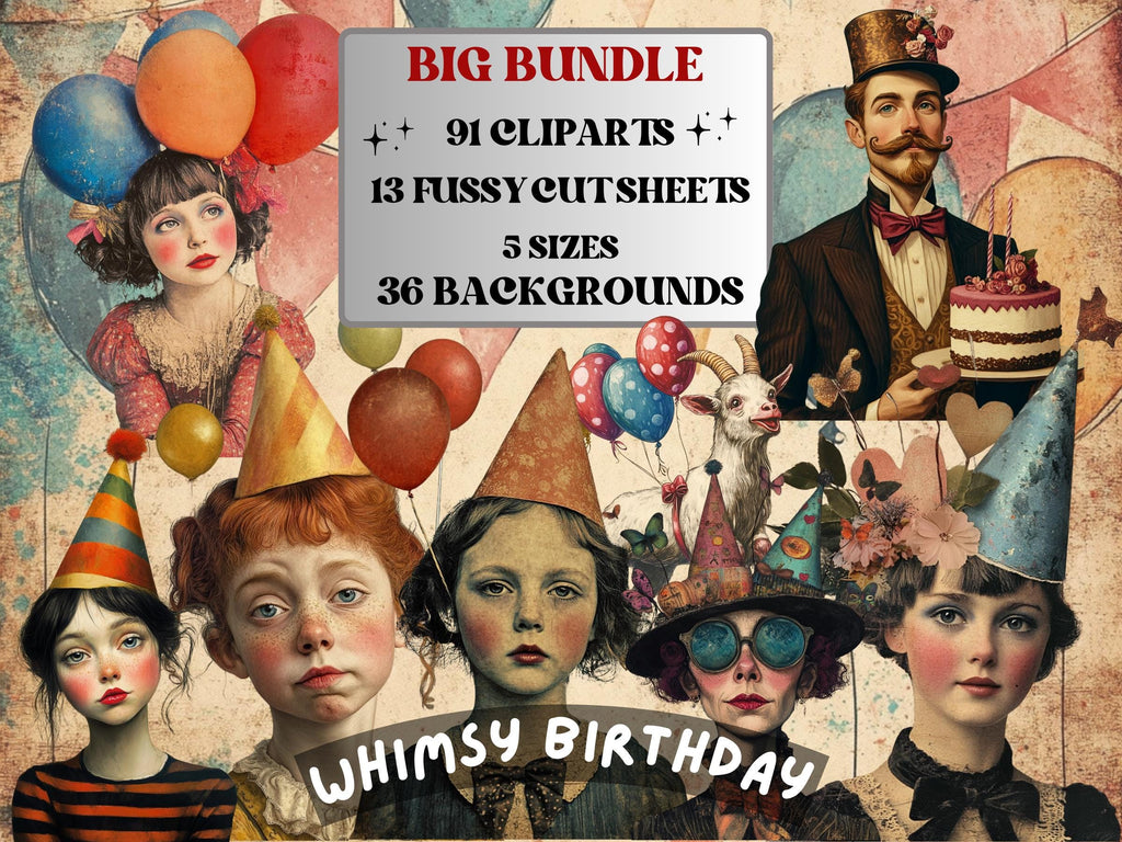 Whimsy Birthday Collage Elements, Whimsical Surreal Birthday Fussy Cut, Quirky Weird Girl Clipart, Party Junk Journal, Clipart Background
