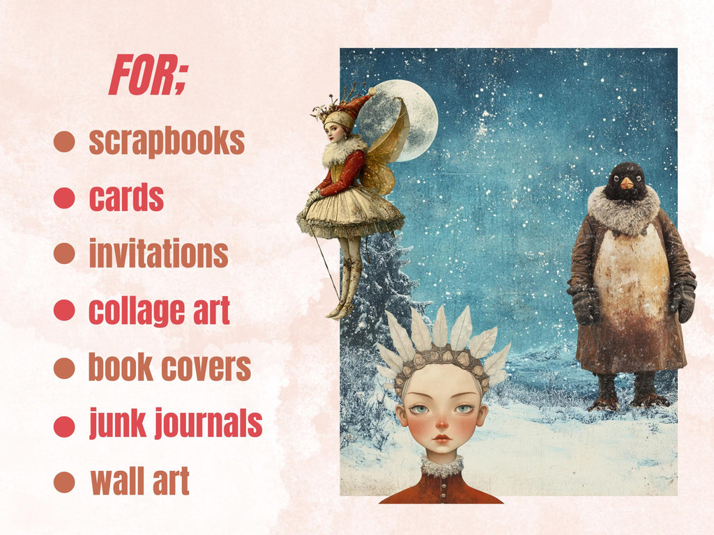 Whimsy Arctic Collage Elements, Whimsical Surreal Frozen Fussy Cut, Quirky Weird Snowy Clipart, Arctic Junk Journal, Clipart Background Kit
