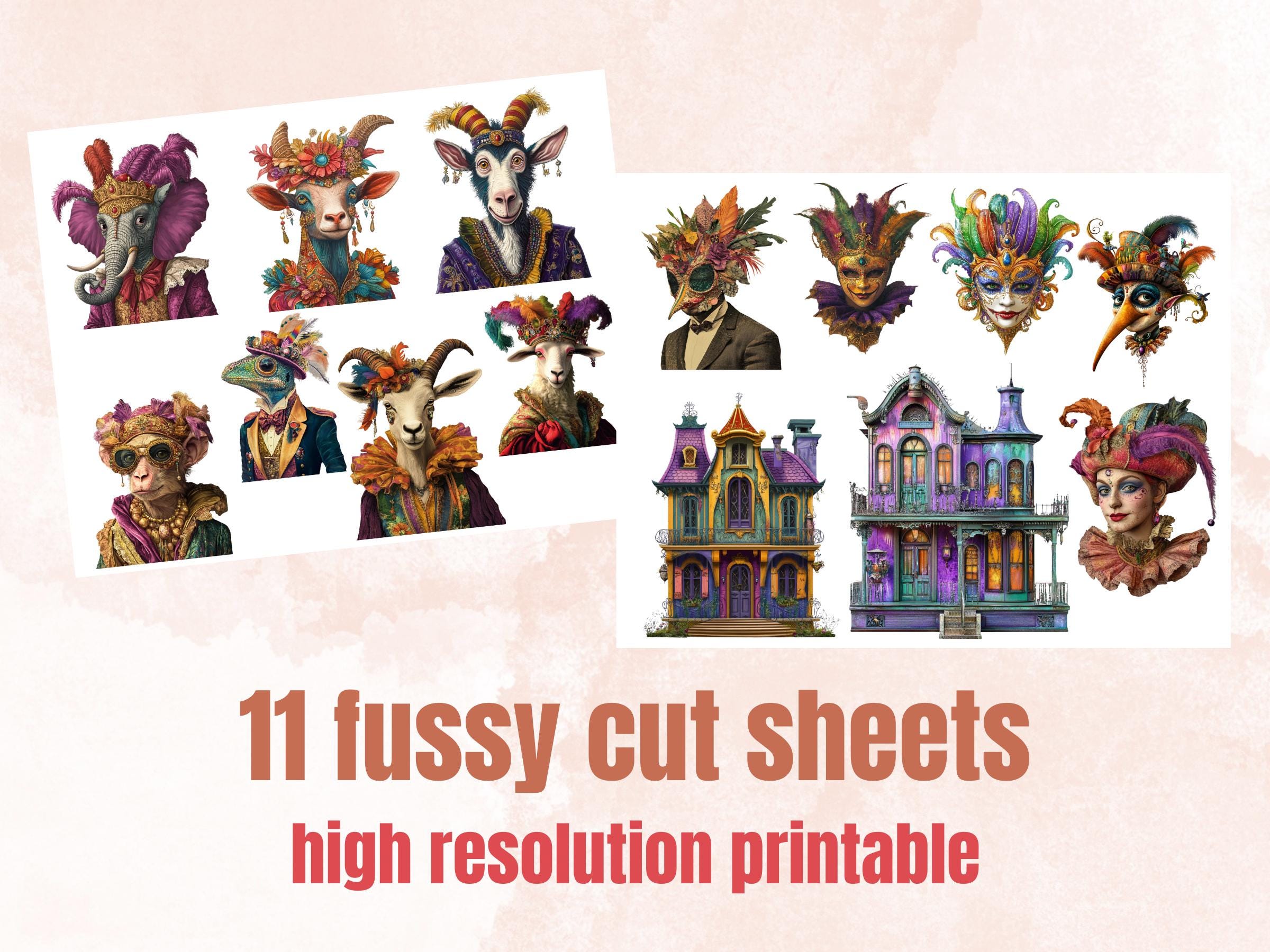 Whimsy Mardi Gras Collage Elements, Whimsical Surreal Masquerade Fussy Cut, Quirky Fleur De Lis Clipart, Junk Journal, Clipart Background