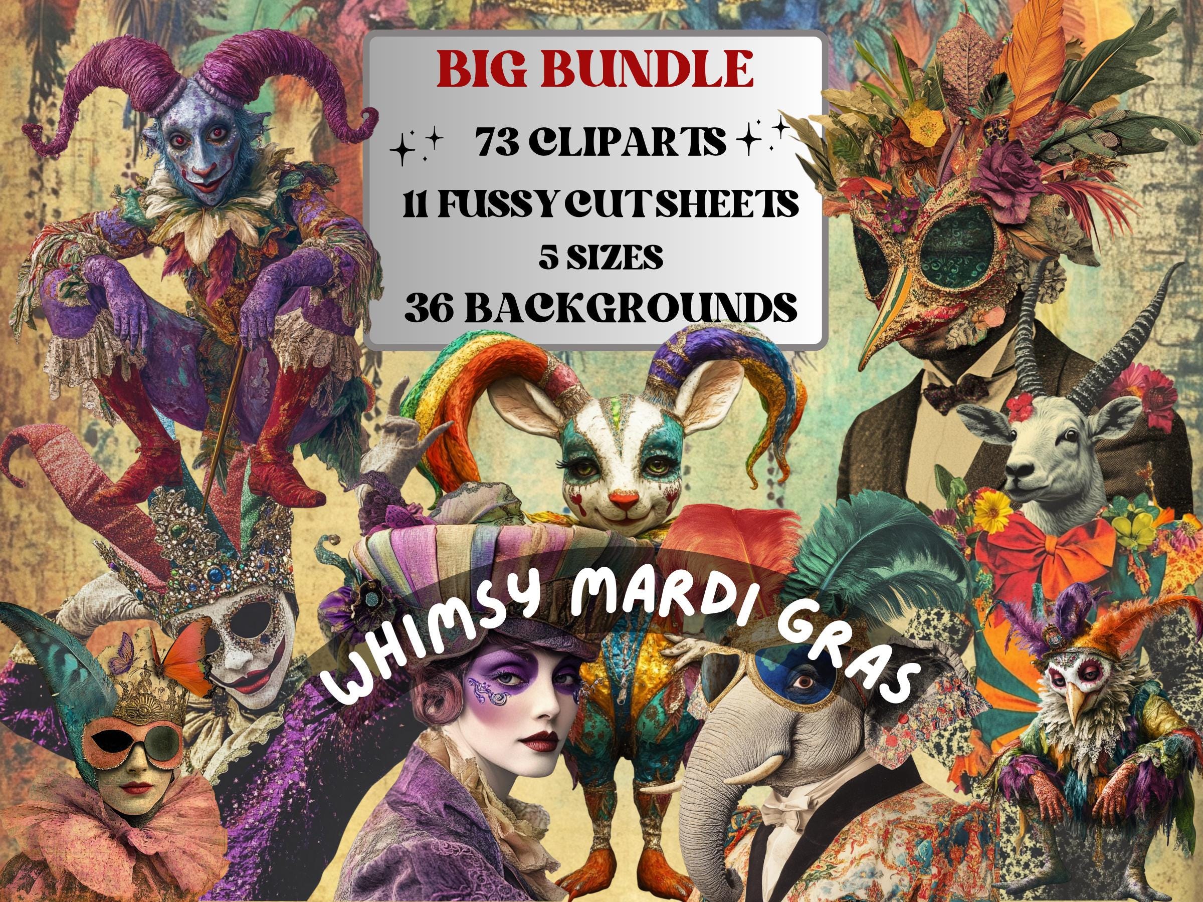Whimsy Mardi Gras Collage Elements, Whimsical Surreal Masquerade Fussy Cut, Quirky Fleur De Lis Clipart, Junk Journal, Clipart Background