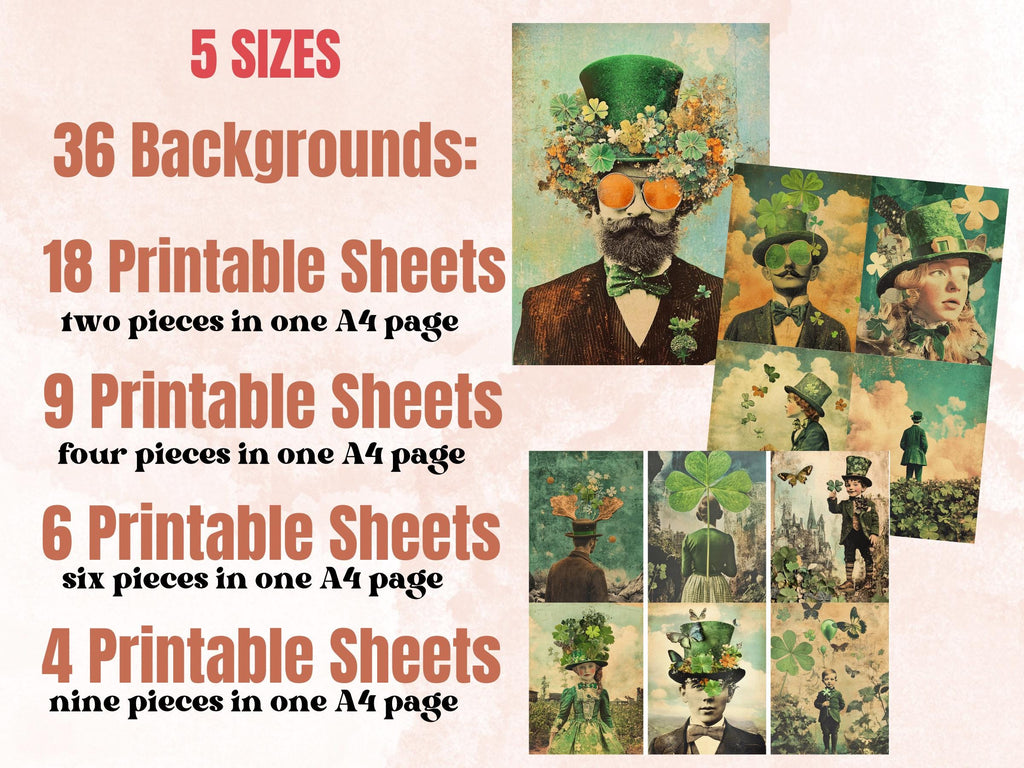 Whimsy St. Patrick's Day Collage Elements, Surreal Saint Patrick Fussy Cut, Clover Shamrocks Clipart, Irish Junk Journal, Clipart Background