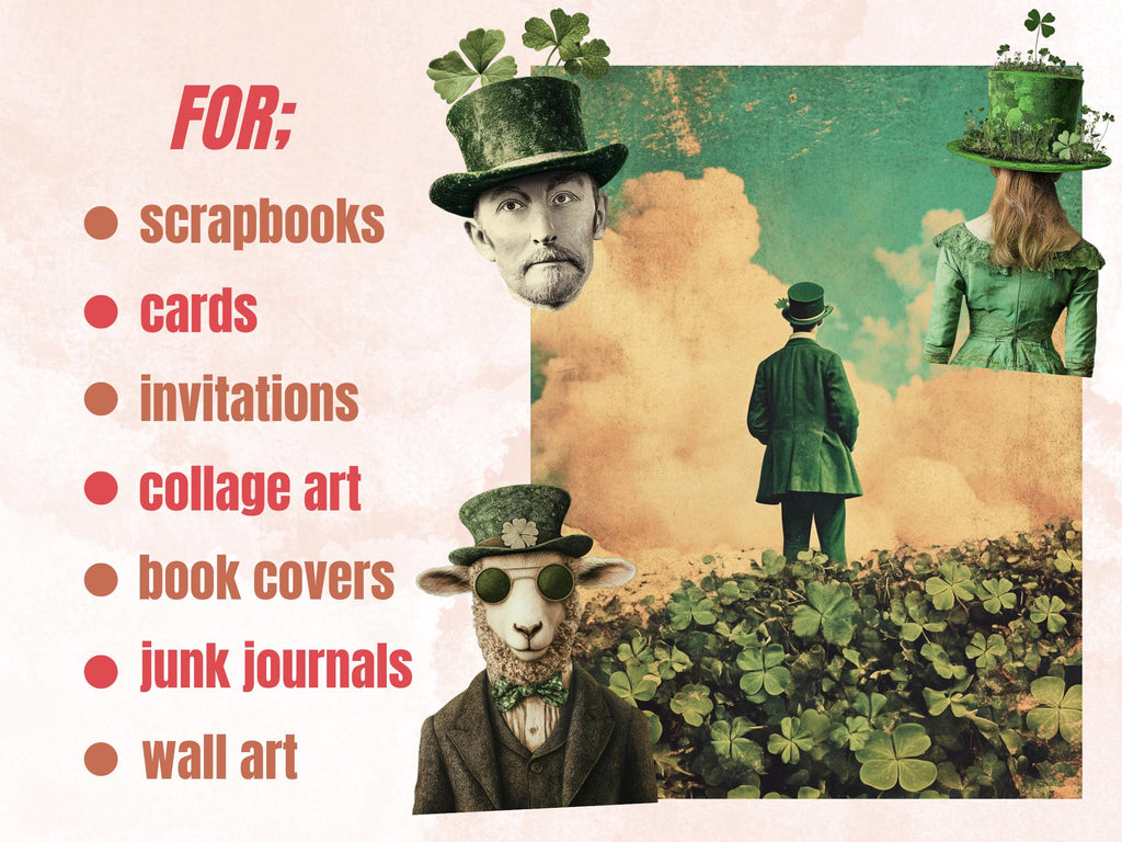 Whimsy St. Patrick's Day Collage Elements, Surreal Saint Patrick Fussy Cut, Clover Shamrocks Clipart, Irish Junk Journal, Clipart Background