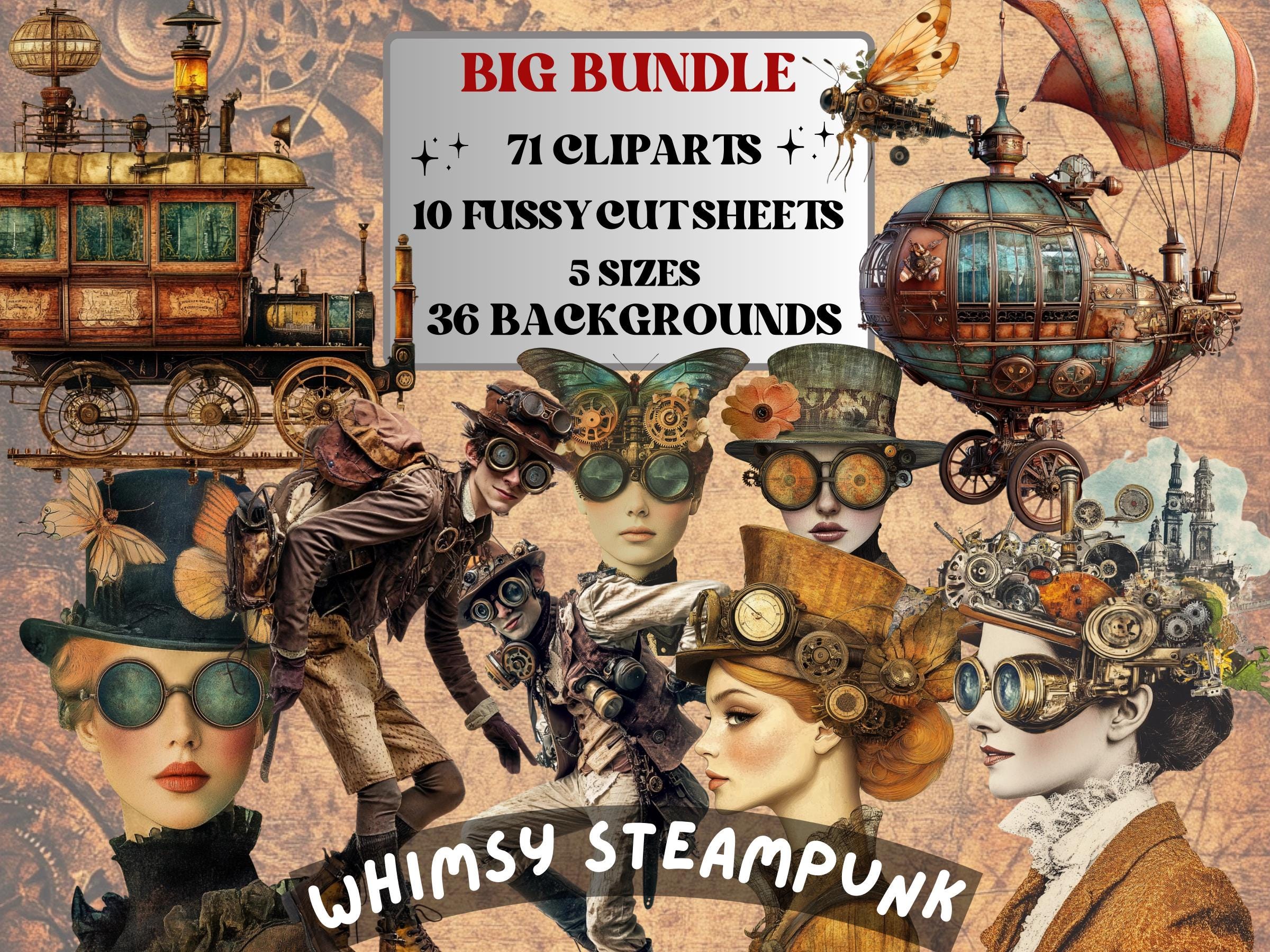 Whimsy Steampunk Collage Elements, Surreal Modern Steampunk Fussy Cut, Quirky Woman Clipart, Whimsical Junk Journal, Mixed Media Art Sheet