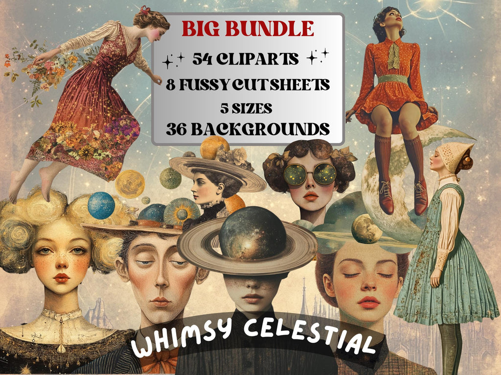 Whimsy Celestial Collage Elements, Surreal Modern Astronomy Fussy Cut, Quirky Zodiac Clipart, Whimsical Junk Journal, Mixed Media Art Sheet