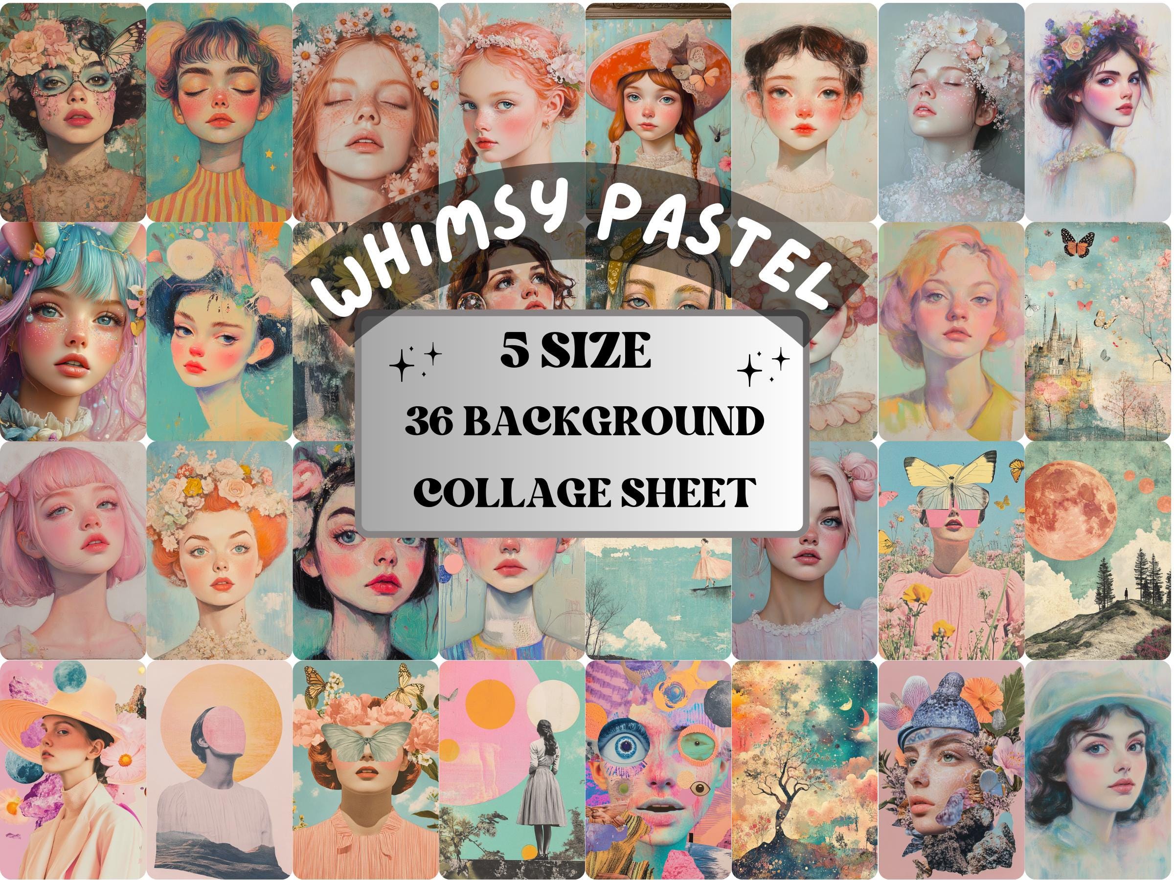 Whimsy Pastel Collage Paper, Pastel Surreal Art Mixed Media Sheet, Whimsical Ephemera Images, Quirky Junk Journal, Pastel Scrapbook Paper