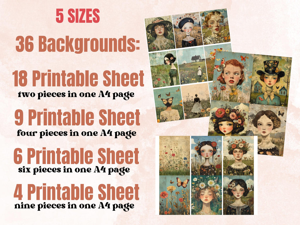 Whimsy Hidden Meadows Collage Paper, Surreal Art Mixed Media Sheet, Whimsical Ephemera Images, Quirky Junk Journal, Spring Scrapbook Paper