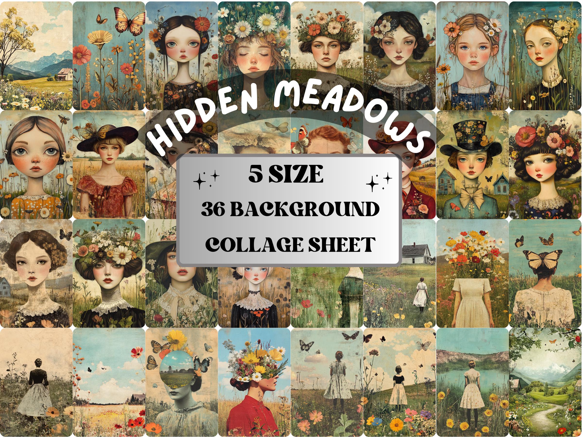 Whimsy Hidden Meadows Collage Paper, Surreal Art Mixed Media Sheet, Whimsical Ephemera Images, Quirky Junk Journal, Spring Scrapbook Paper
