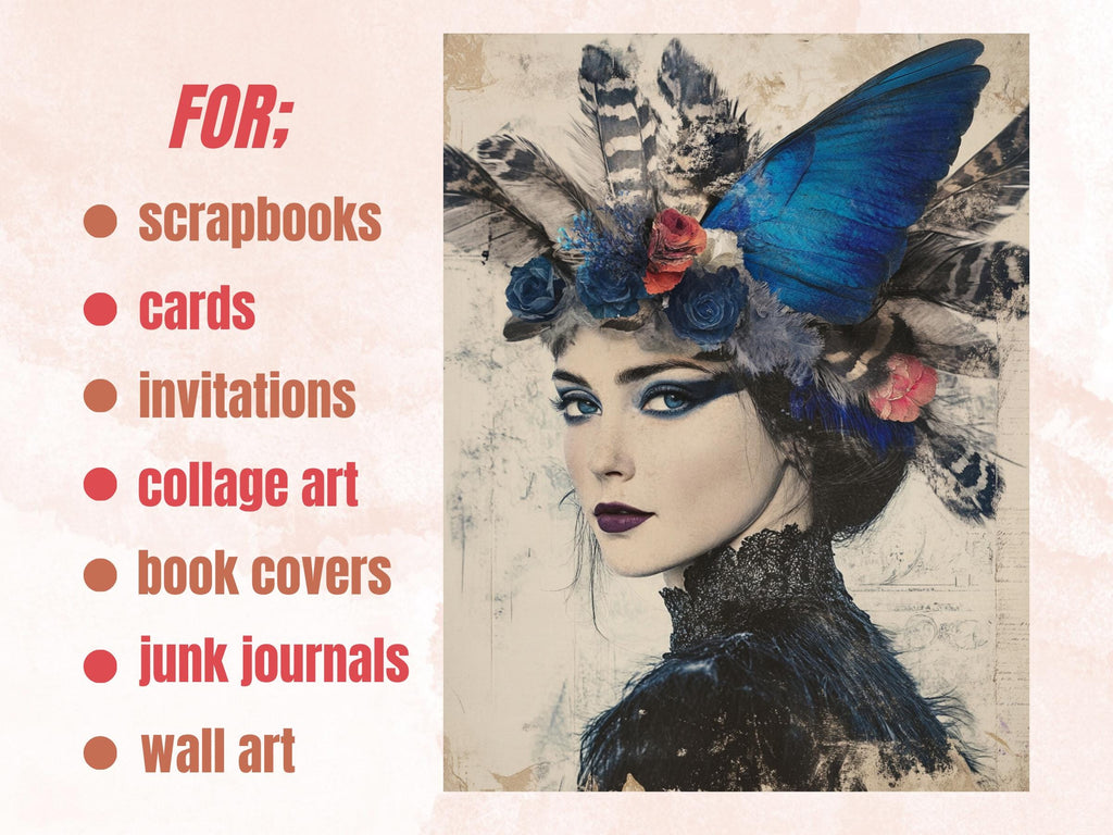 Whimsy Dream in Feathers Collage Paper, Surreal Art Mixed Media Sheet, Whimsical Ephemera Images, Quirky Journal, Mardi Gras Scrapbook Paper