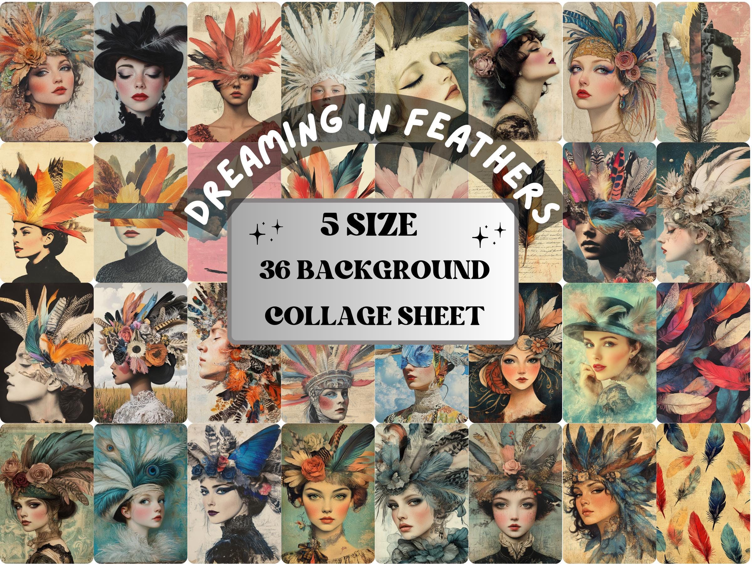 Whimsy Dream in Feathers Collage Paper, Surreal Art Mixed Media Sheet, Whimsical Ephemera Images, Quirky Journal, Mardi Gras Scrapbook Paper