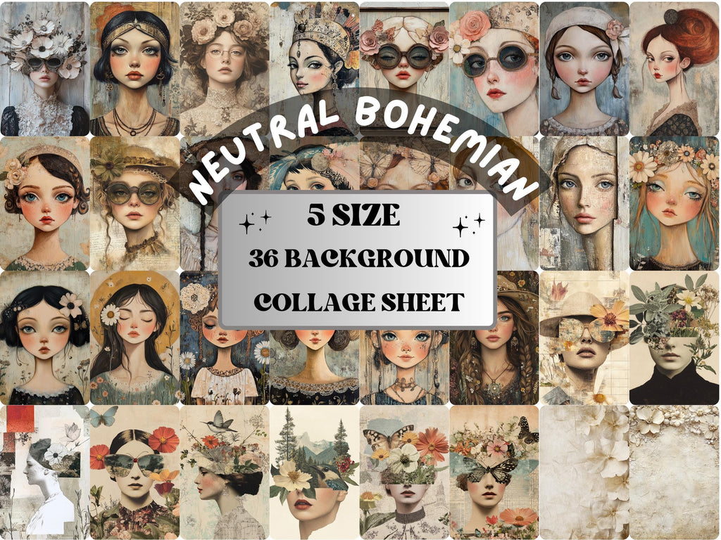 Neutral Bohemian Collage Paper, Surreal Quirky Mixed Media Sheet, Whimsical Ephemera Images, Quirky Junk Journal, Neutral Scrapbook Paper