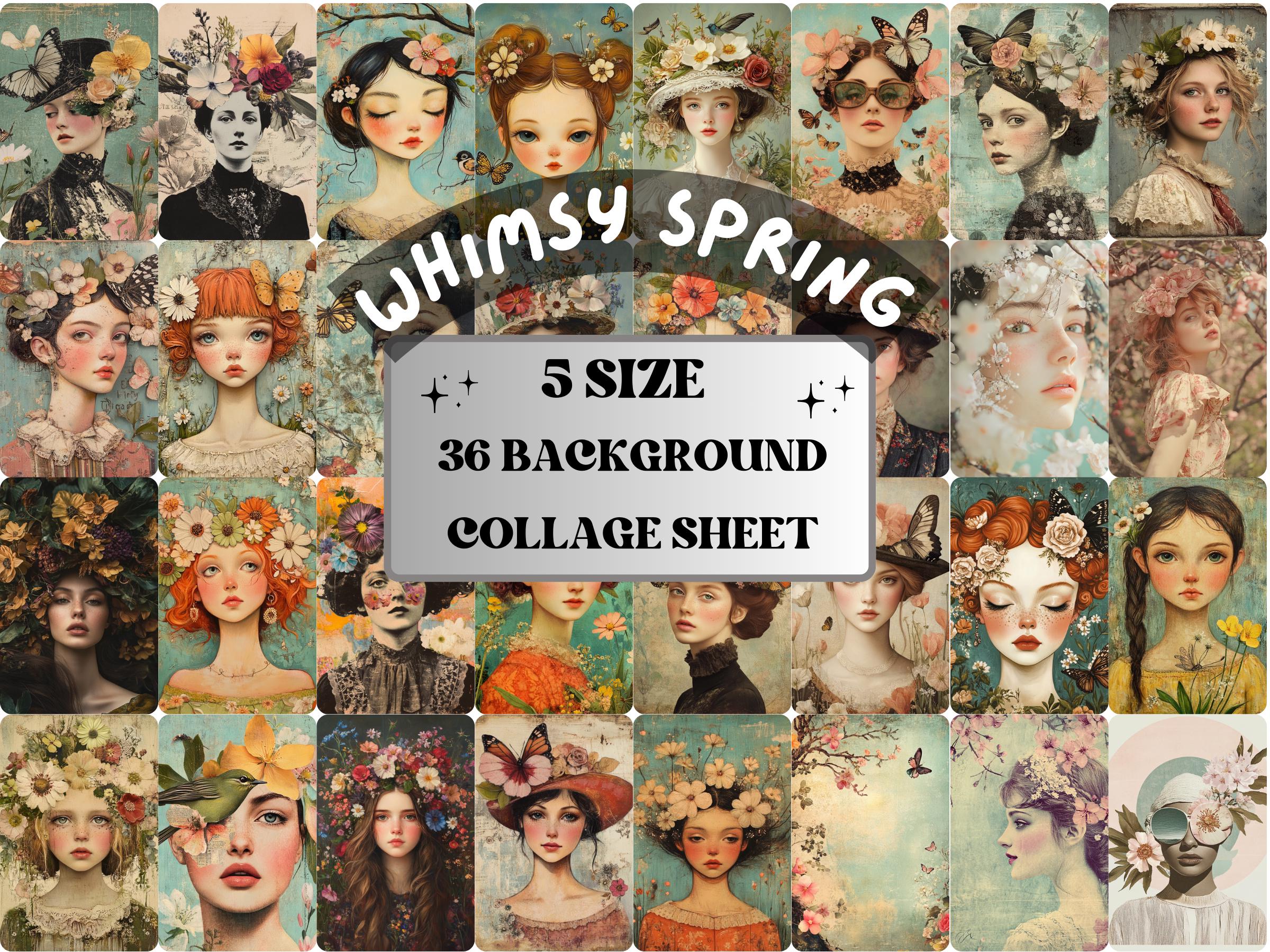 Whimsy Spring Blooming Collage Paper, Surreal Quirky Mixed Media Sheet, Whimsical Ephemera Images, Quirky Journal, Spring Scrapbook Paper