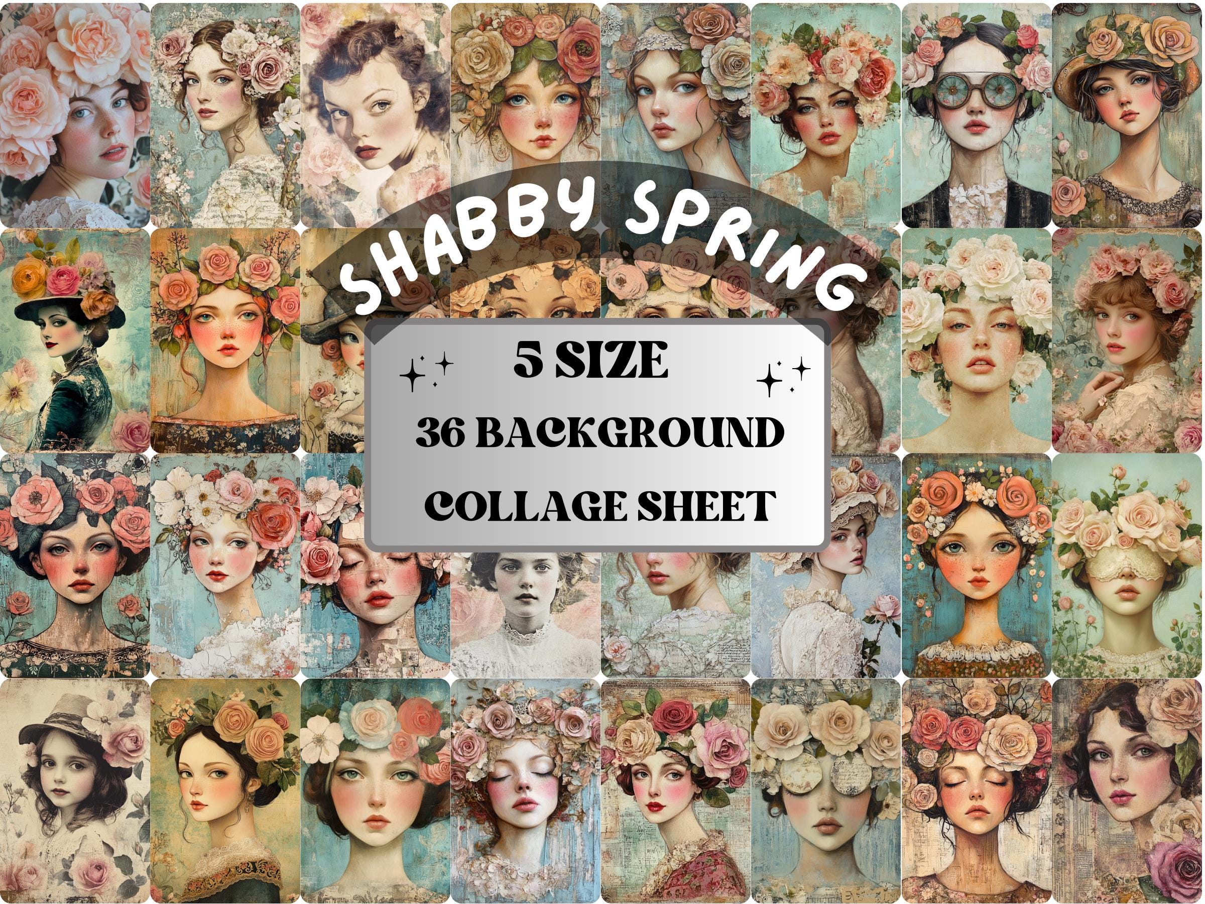 Shabby Chic Spring Collage Paper, Surreal Quirky Mixed Media Sheet, Whimsical Ephemera Images, Quirky Journal, Floral Spring Scrapbook Paper