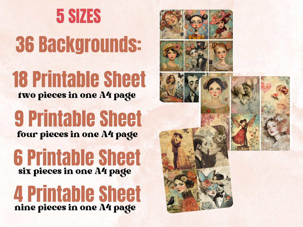 Romantic Love Collage Paper Kit, Valentines Day Mixed Media, Whimsical Couple Love Ephemera Images, Surreal Junk Journal, Scrapbook Paper