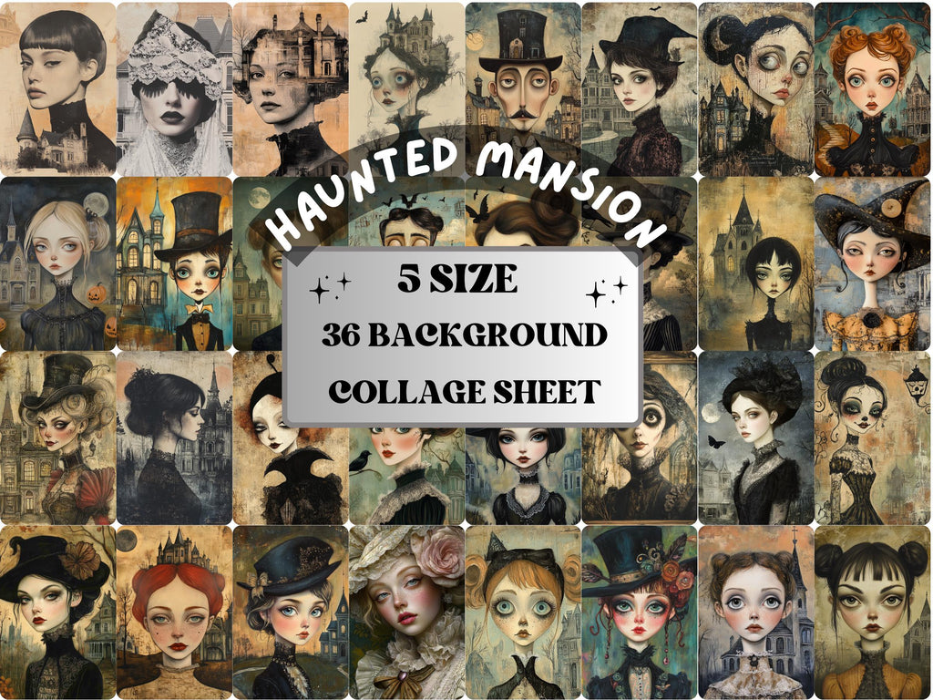 Haunted Mansion Collage Paper Kit, Surreal Gothic Mixed Media Sheet, Whimsical Fantasy Ephemera Images, Horror Junk Journal, Scrapbook Paper