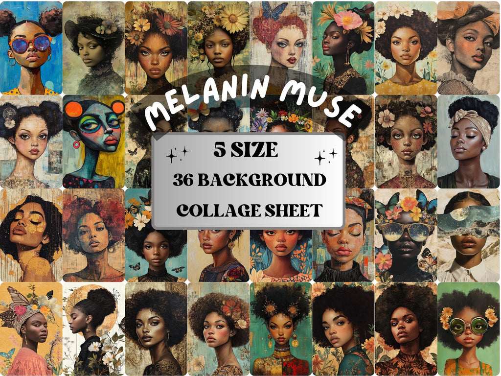 Melanin Muse Collage Paper, Surreal Black Girl Mixed Media Sheet, Whimsical Afro Ephemera Images, African American Journal, Scrapbook Paper