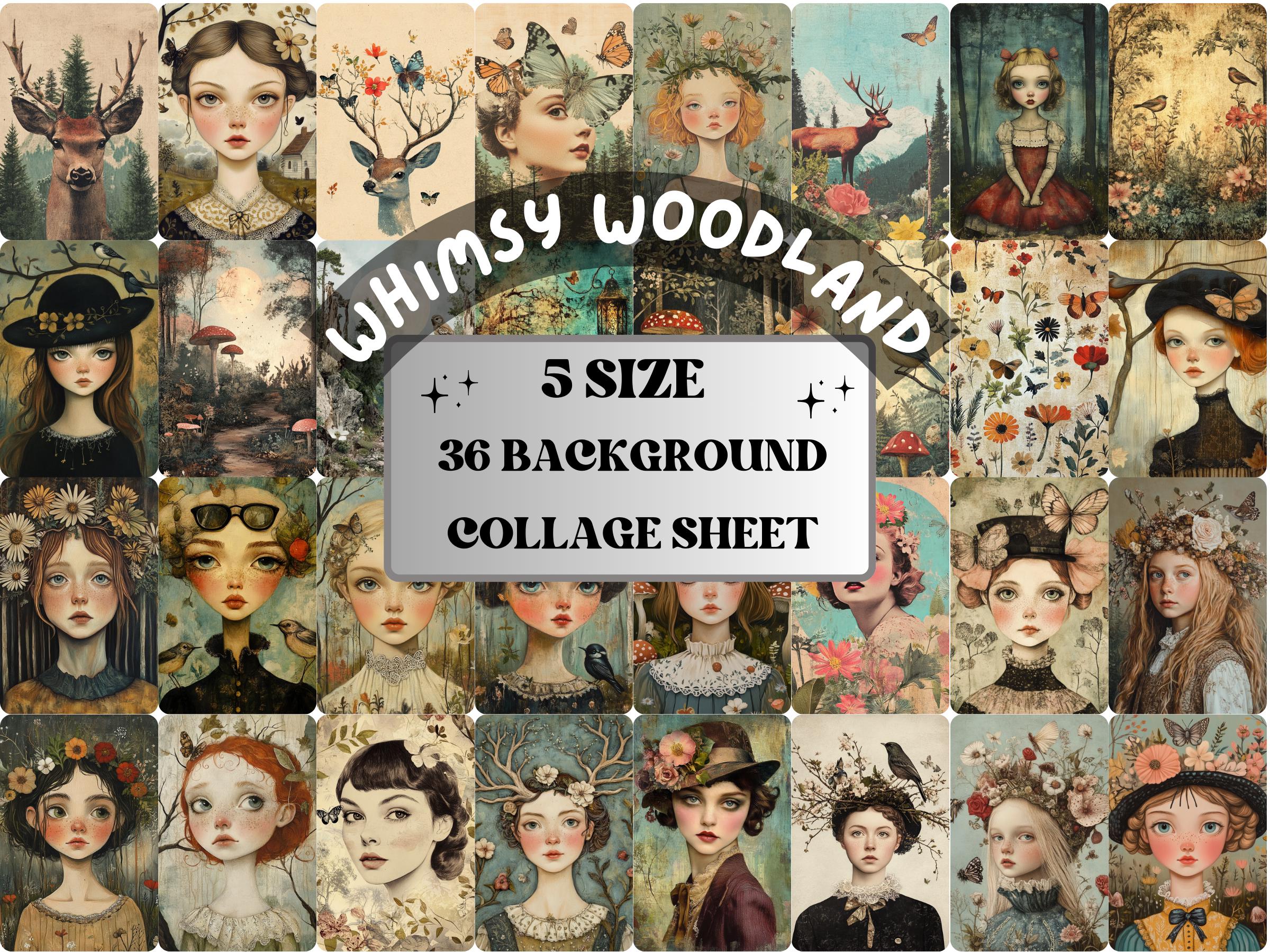 Whimsy Woodland Collage Paper Kit, Surreal Background, Mixed Media Sheet, Whimsical Forest Images, Quirky Junk Journal, Scrapbook Paper