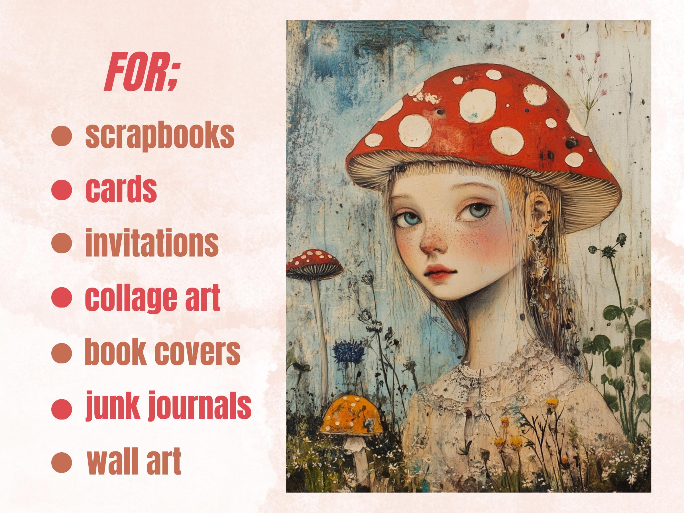 Whimsy Mushroom Collage Paper Kit, Surreal Background, Mixed Media Sheet, Whimsical Forest Fungi Image, Quirky Junk Journal, Scrapbook Paper