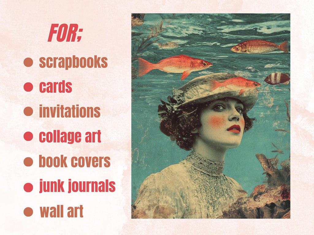 Whimsy Underwater Collage Paper, Surreal Nautical Mixed Media Sheet, Whimsical Under the Sea Ephemera Image, Quirky Journal, Scrapbook Paper