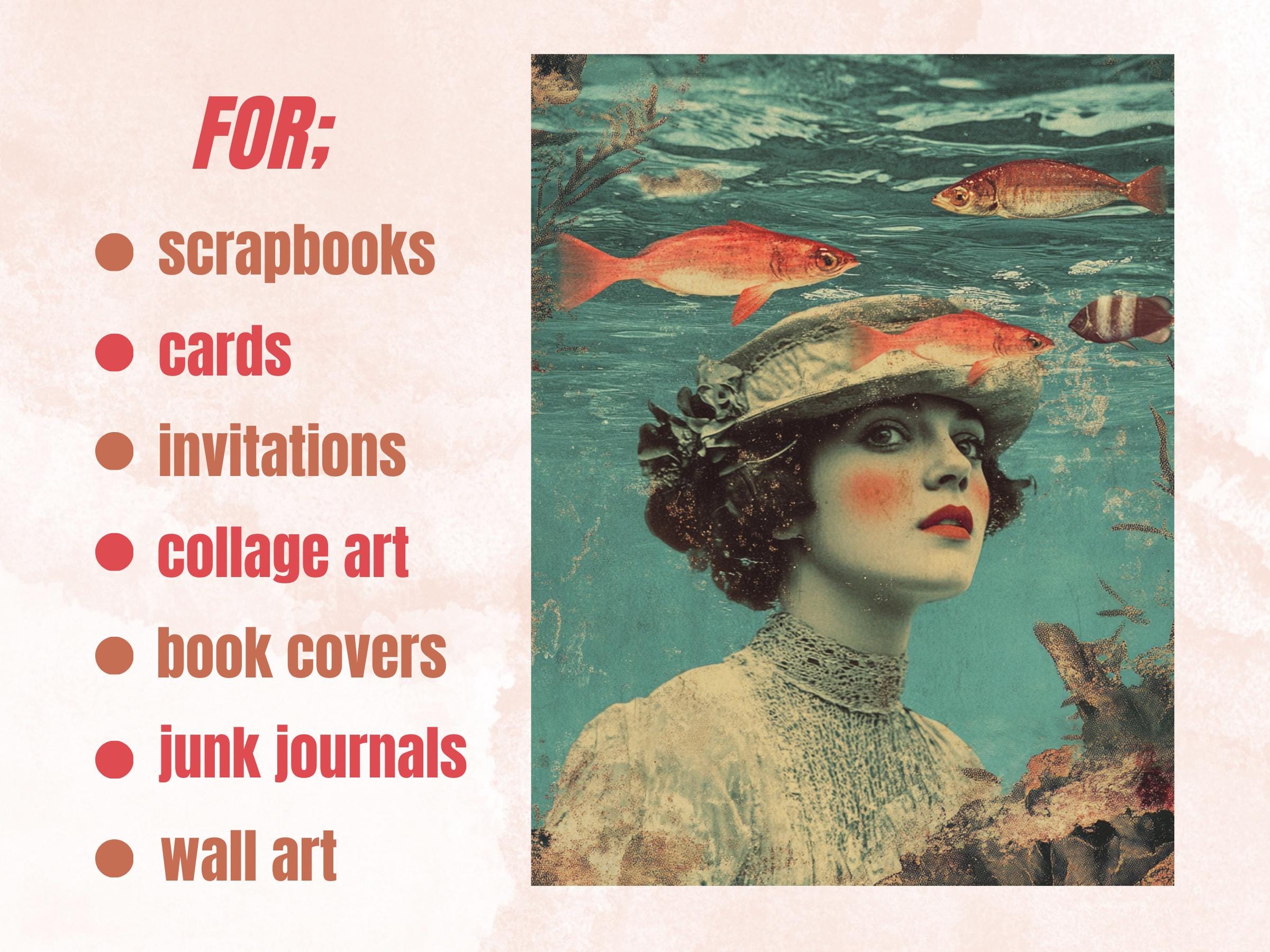 Whimsy Underwater Collage Paper, Surreal Nautical Mixed Media Sheet, Whimsical Under the Sea Ephemera Image, Quirky Journal, Scrapbook Paper