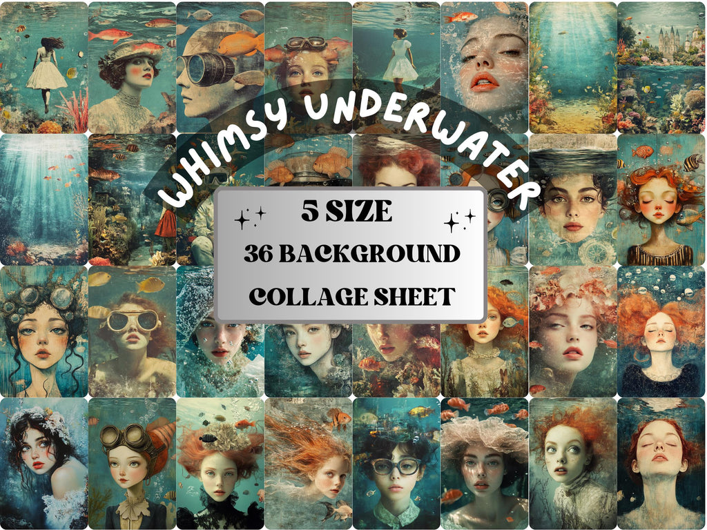 Whimsy Underwater Collage Paper, Surreal Nautical Mixed Media Sheet, Whimsical Under the Sea Ephemera Image, Quirky Journal, Scrapbook Paper