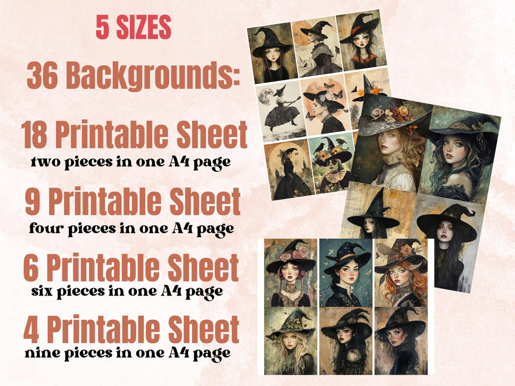Whimsy Witch Collage Paper Kit, Surreal Gothic Mixed Media Sheet, Whimsical Witch Ephemera Images, Pagan Quirky Journal, Scrapbook Paper
