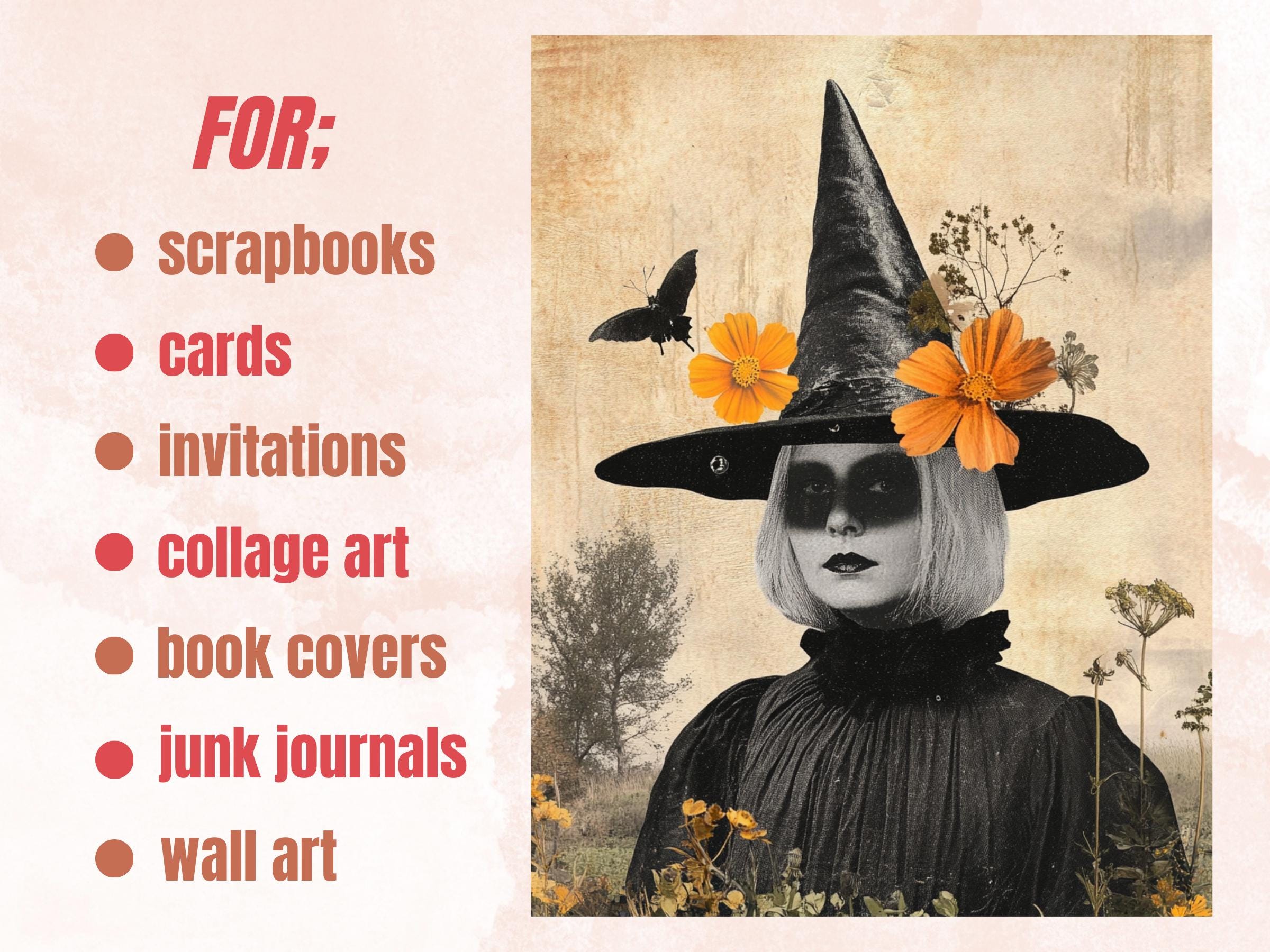 Whimsy Witch Collage Paper Kit, Surreal Gothic Mixed Media Sheet, Whimsical Witch Ephemera Images, Pagan Quirky Journal, Scrapbook Paper