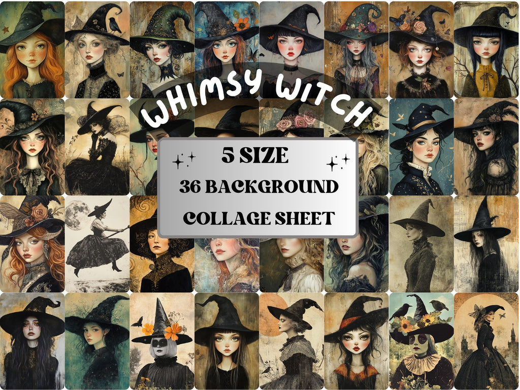 Whimsy Witch Collage Paper Kit, Surreal Gothic Mixed Media Sheet, Whimsical Witch Ephemera Images, Pagan Quirky Journal, Scrapbook Paper