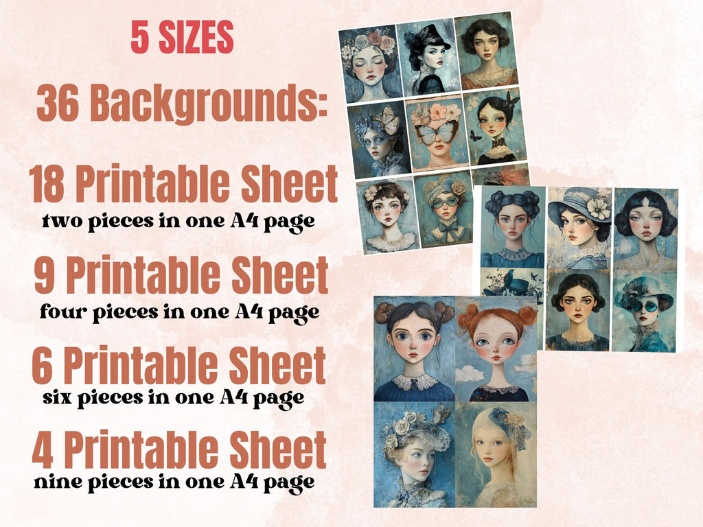 Whimsy Dusty Blue Collage Paper Kit, Surreal Blue Mixed Media Sheet, Whimsical Dusty Ephemera Images, Grunge Quirky Journal, Scrapbook Paper