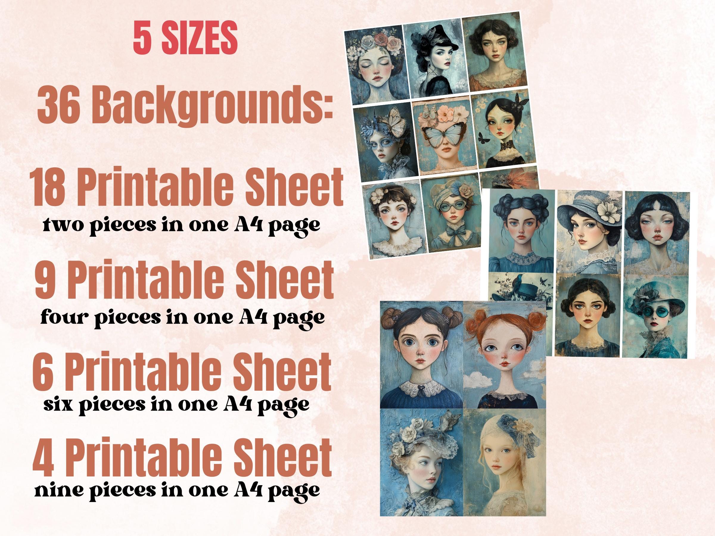 Whimsy Dusty Blue Collage Paper Kit, Surreal Blue Mixed Media Sheet, Whimsical Dusty Ephemera Images, Grunge Quirky Journal, Scrapbook Paper
