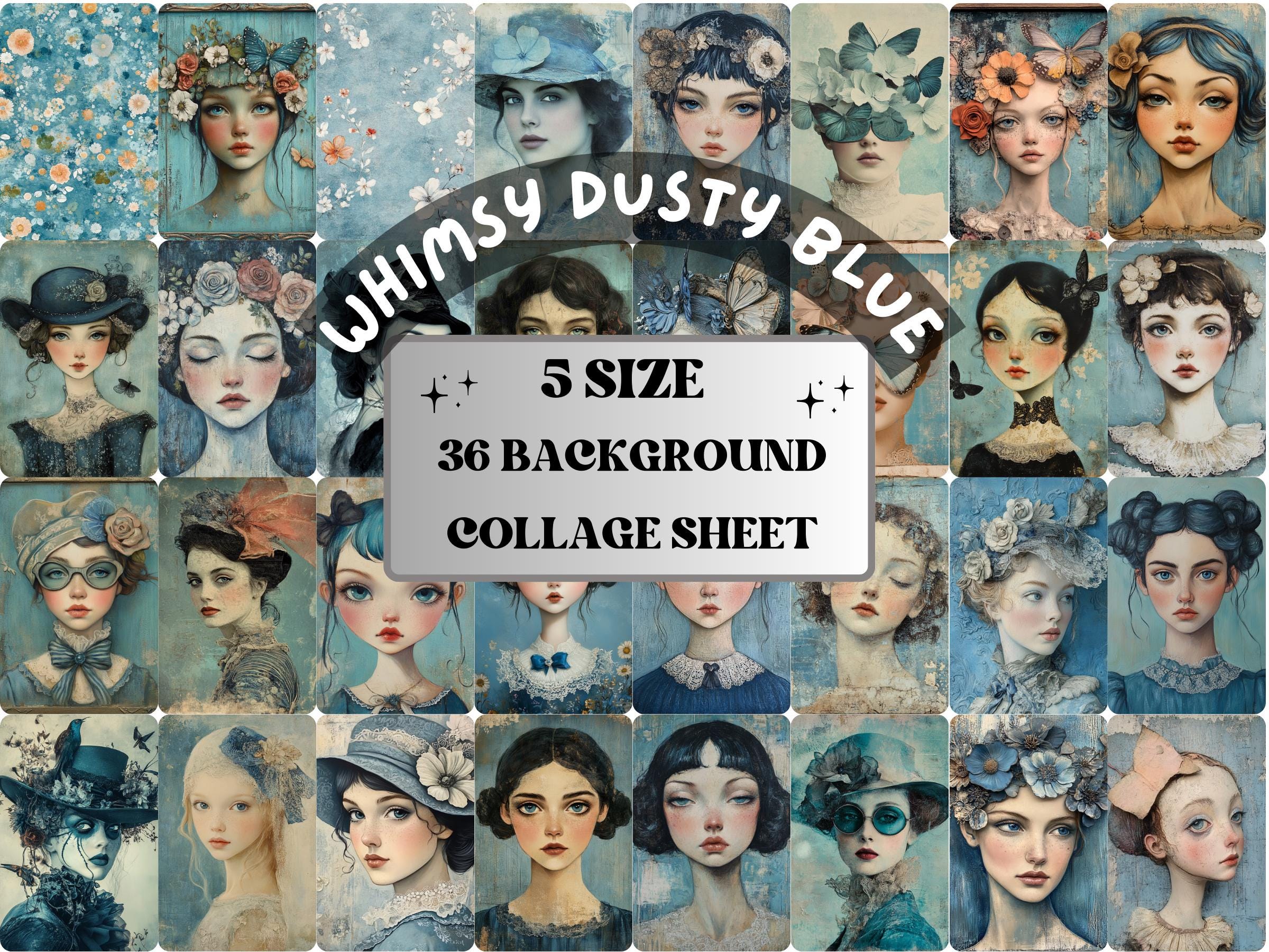 Whimsy Dusty Blue Collage Paper Kit, Surreal Blue Mixed Media Sheet, Whimsical Dusty Ephemera Images, Grunge Quirky Journal, Scrapbook Paper