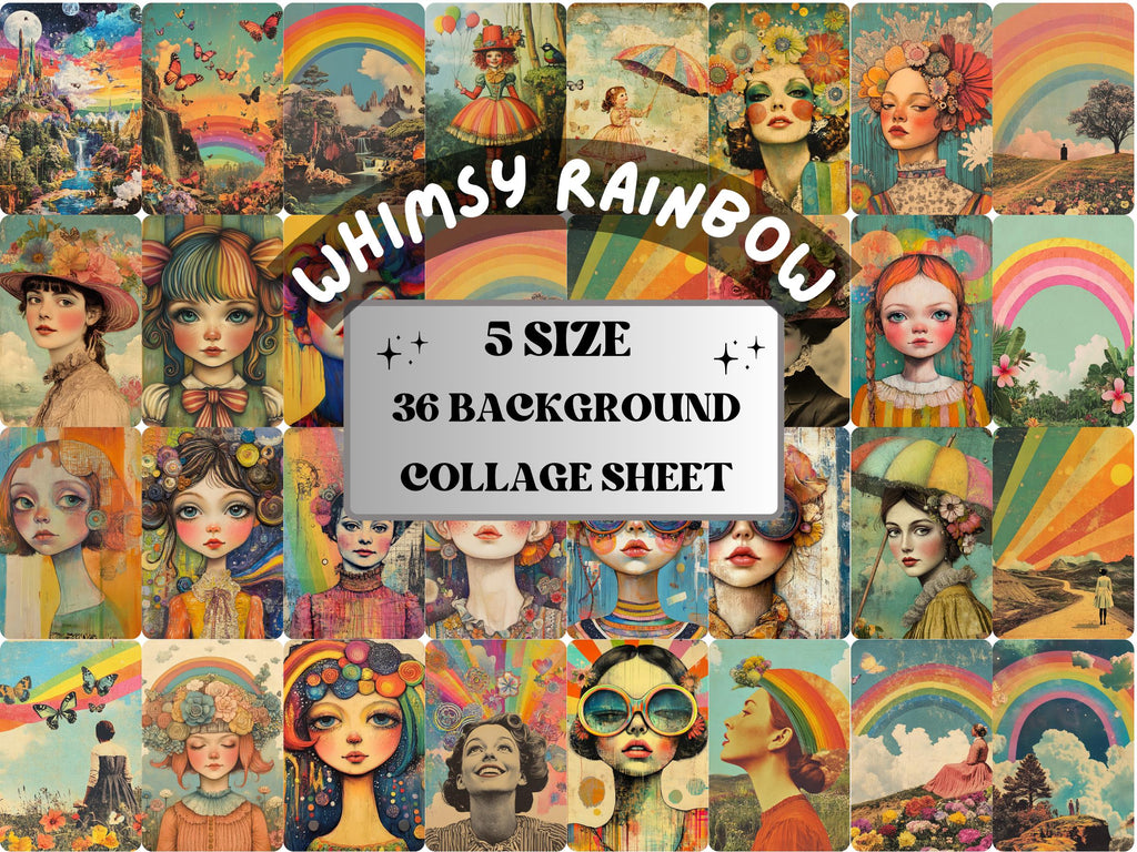 Whimsy Rainbow Collage Paper Kit, Surreal Mixed Media Sheet, Whimsical Rainbow Ephemera Images, Fairytale Quirky Journal, Scrapbook Paper