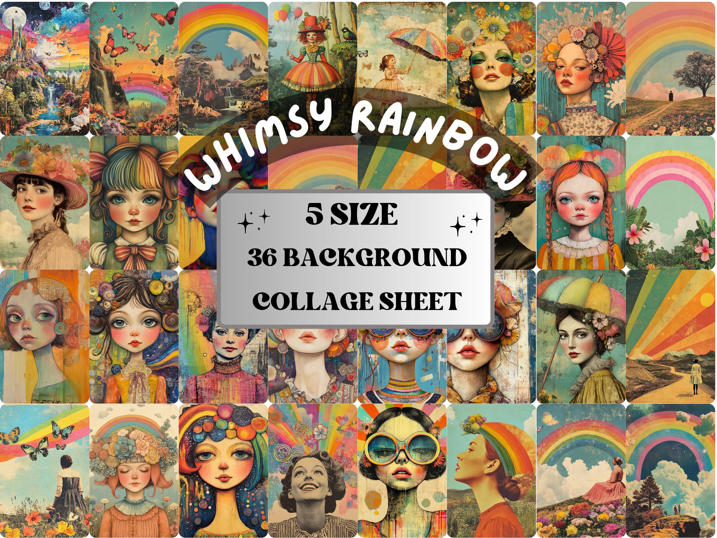 Whimsy Rainbow Collage Paper Kit, Surreal Mixed Media Sheet, Whimsical Rainbow Ephemera Images, Fairytale Quirky Journal, Scrapbook Paper