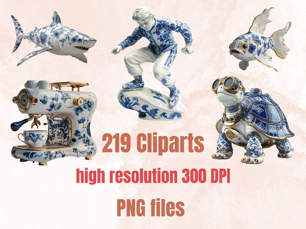 Whimsy Porcelain Collage Elements, Whimsical Surreal Blue Toile Fussy Cut, Weird Delft Blue Clipart, Modern Junk Journal, Clipart Background