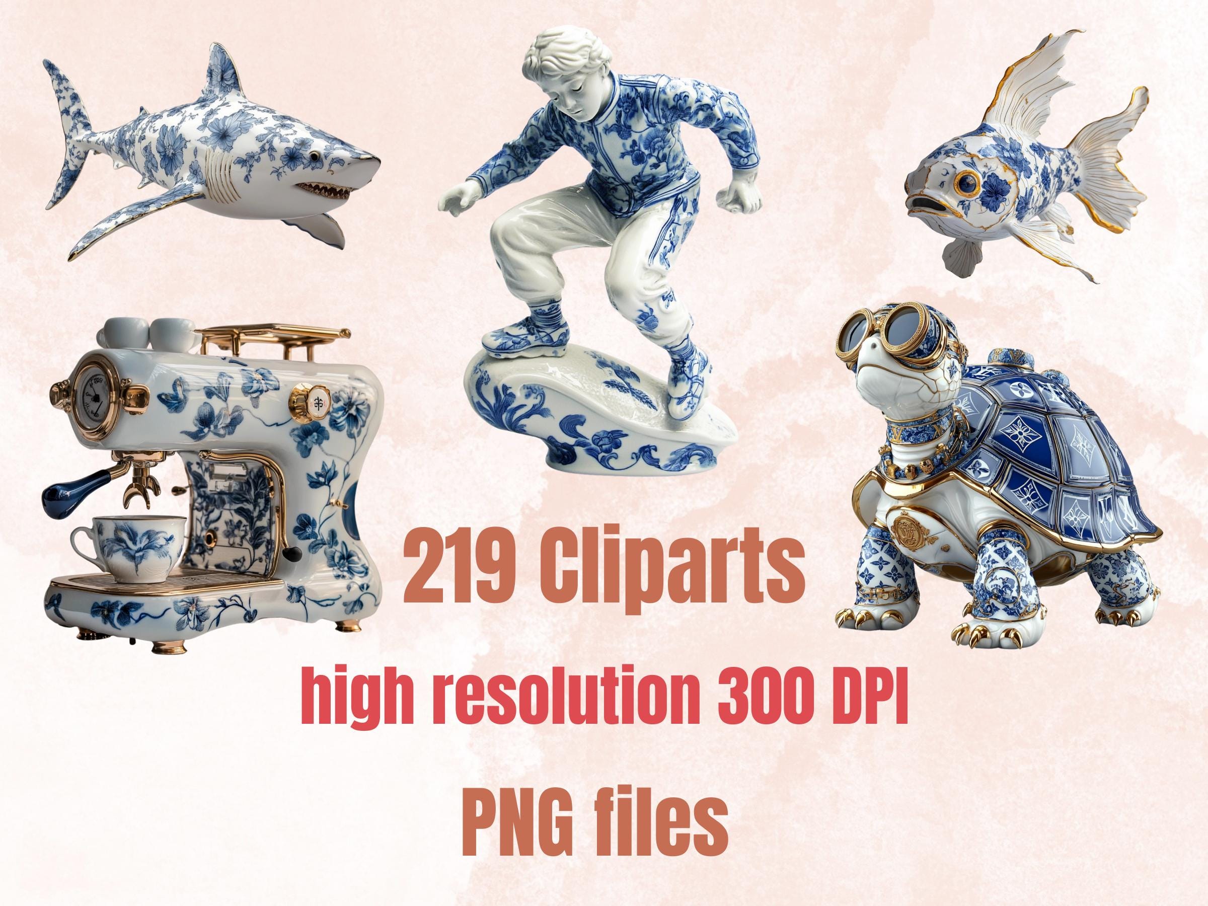 Whimsy Porcelain Collage Elements, Whimsical Surreal Blue Toile Fussy Cut, Weird Delft Blue Clipart, Modern Junk Journal, Clipart Background