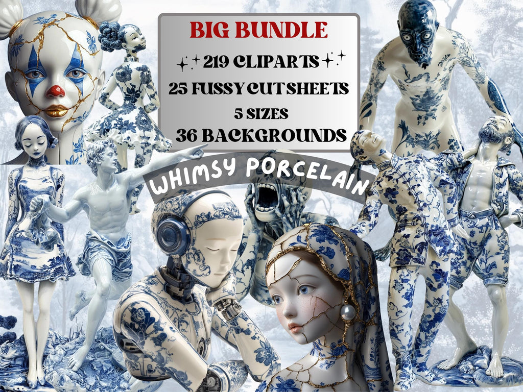 Whimsy Porcelain Collage Elements, Whimsical Surreal Blue Toile Fussy Cut, Weird Delft Blue Clipart, Modern Junk Journal, Clipart Background