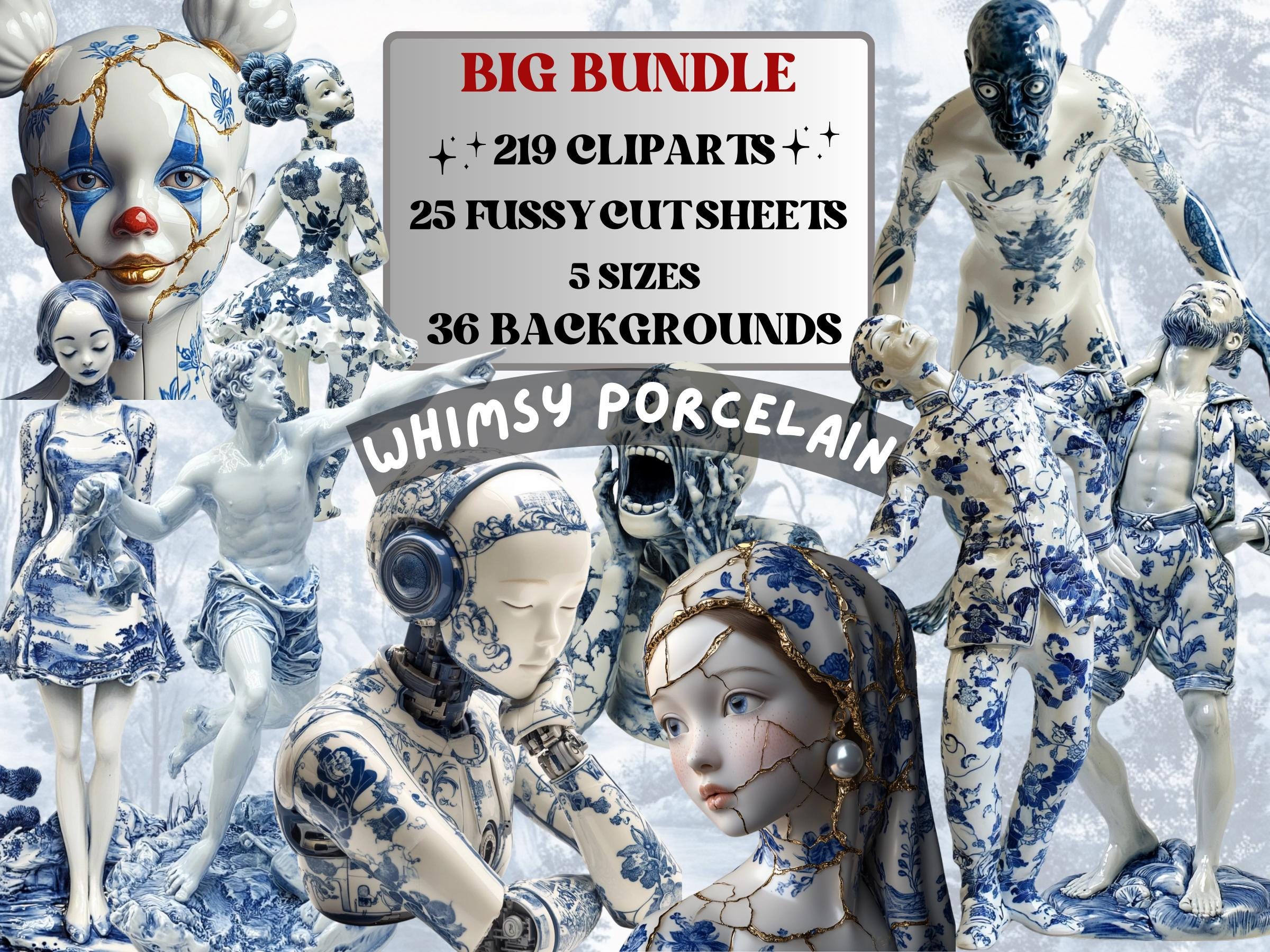 Whimsy Porcelain Collage Elements, Whimsical Surreal Blue Toile Fussy Cut, Weird Delft Blue Clipart, Modern Junk Journal, Clipart Background
