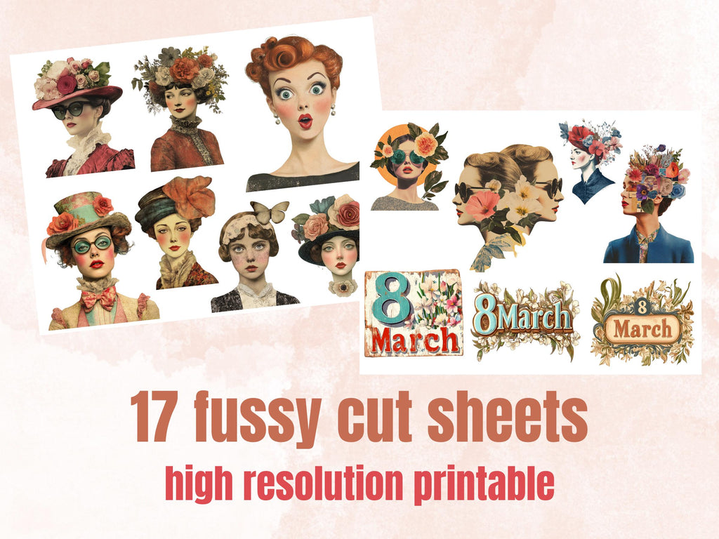 Whimsy Women's Day Collage Elements, Whimsical 8 March Fussy Cut, Quirky Surreal Woman Clipart, Floral Junk Journal, Clipart Background
