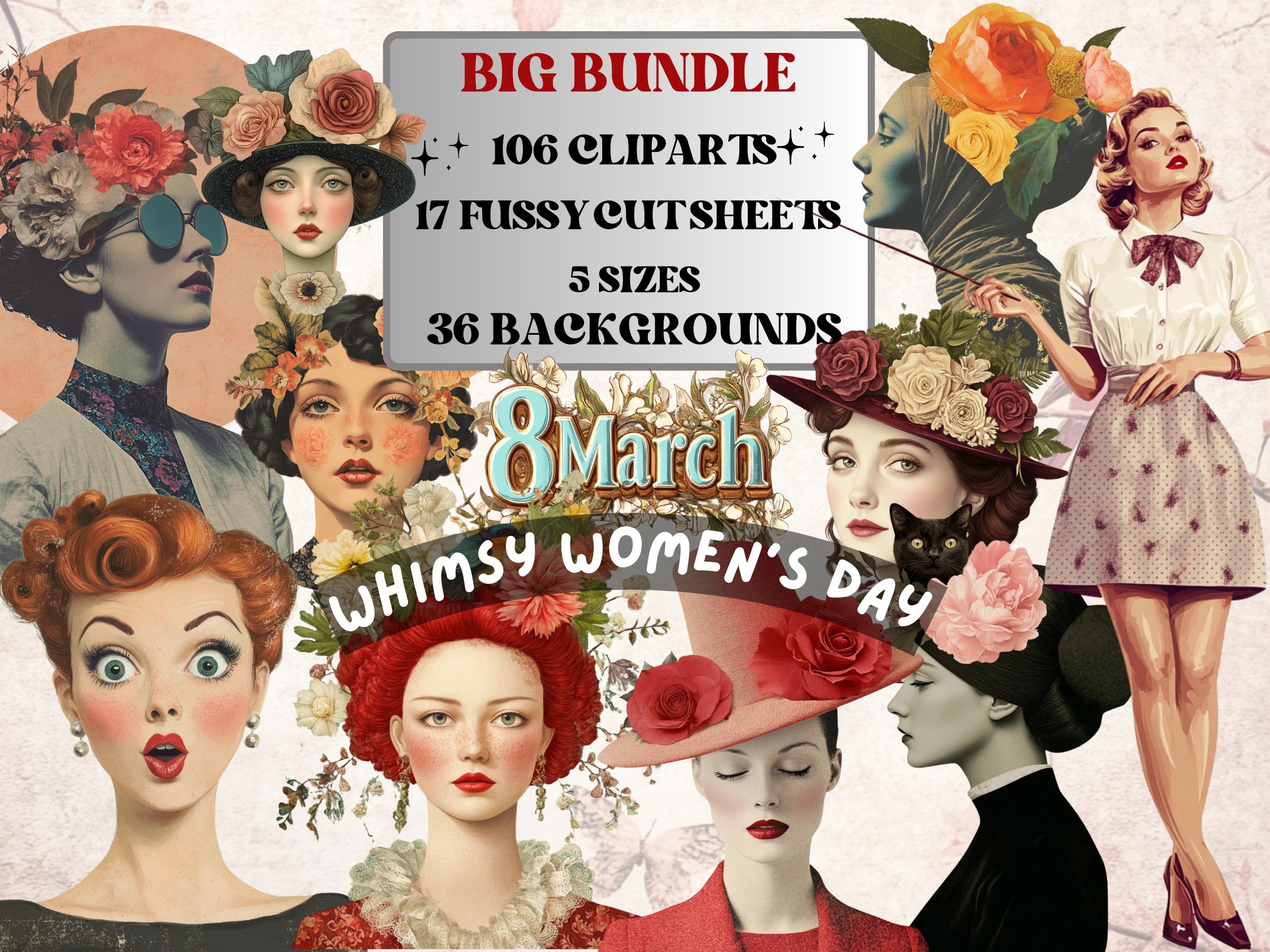 Whimsy Women's Day Collage Elements, Whimsical 8 March Fussy Cut, Quirky Surreal Woman Clipart, Floral Junk Journal, Clipart Background