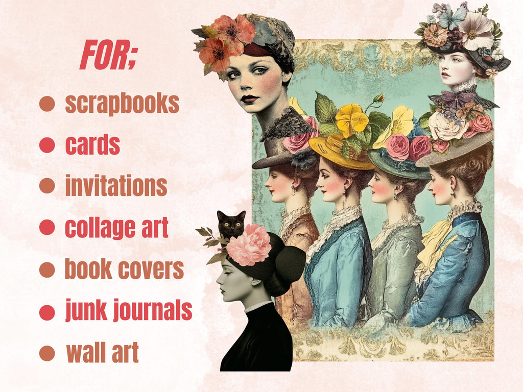 Whimsy Women's Day Collage Elements, Whimsical 8 March Fussy Cut, Quirky Surreal Woman Clipart, Floral Junk Journal, Clipart Background