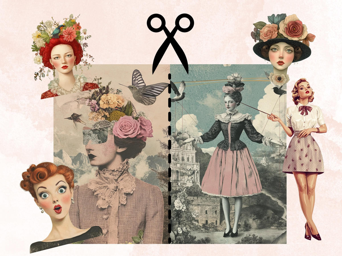 Whimsy Women's Day Collage Elements, Whimsical 8 March Fussy Cut, Quirky Surreal Woman Clipart, Floral Junk Journal, Clipart Background