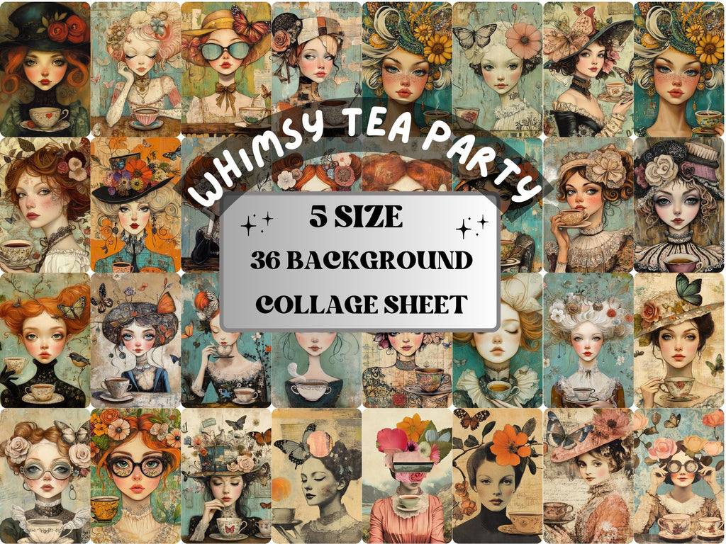 Whimsy Tea Party Collage Paper, Surreal Tea Time Mixed Media Art Sheet, Whimsical Ephemera Images, Quirky Tea Junk Journal, Scrapbook Paper