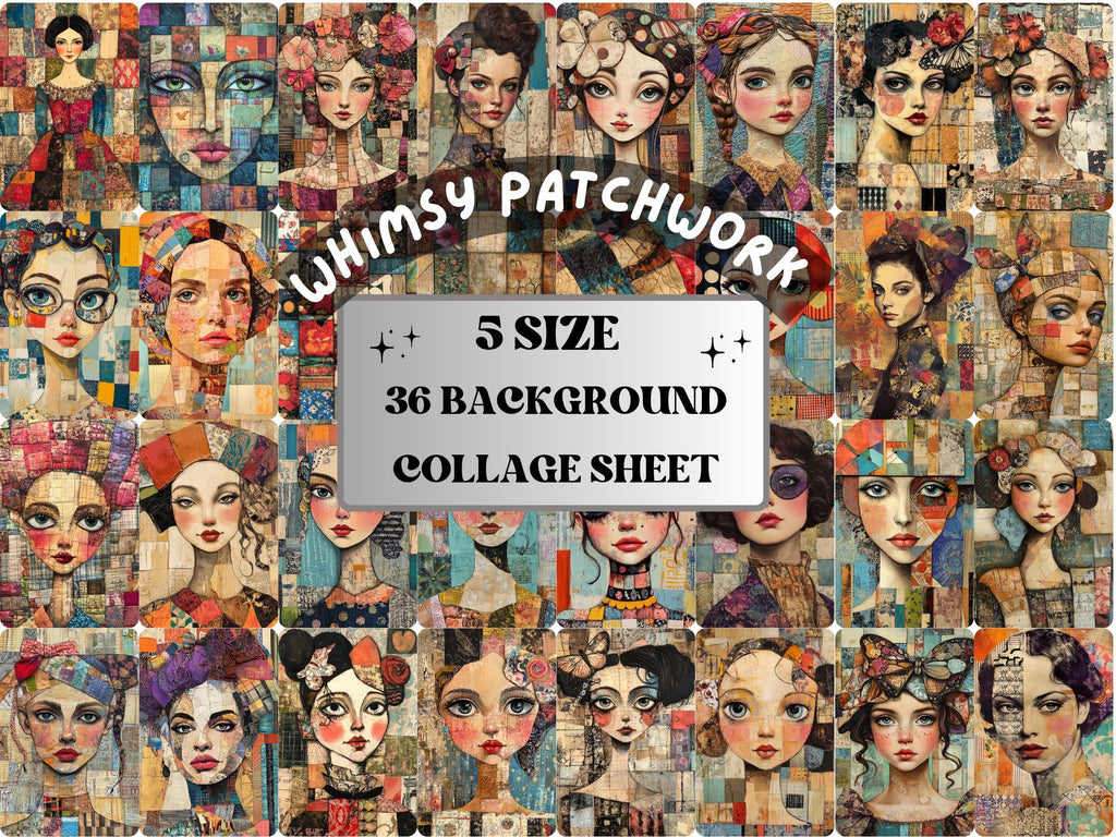 Whimsy Patchwork Collage Paper, Surreal Patchwork  Mixed Media Art Sheet, Whimsical Ephemera Images, Quirky Junk Journal, Scrapbook Paper